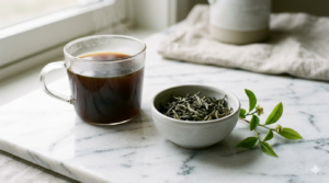 L-theanine coffee with green tea leaves on a marble surface
