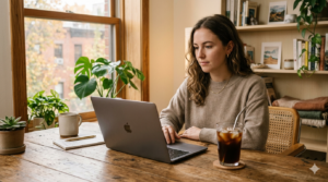 Nootropic coffee on a focused worker's desk in an afternoon work session